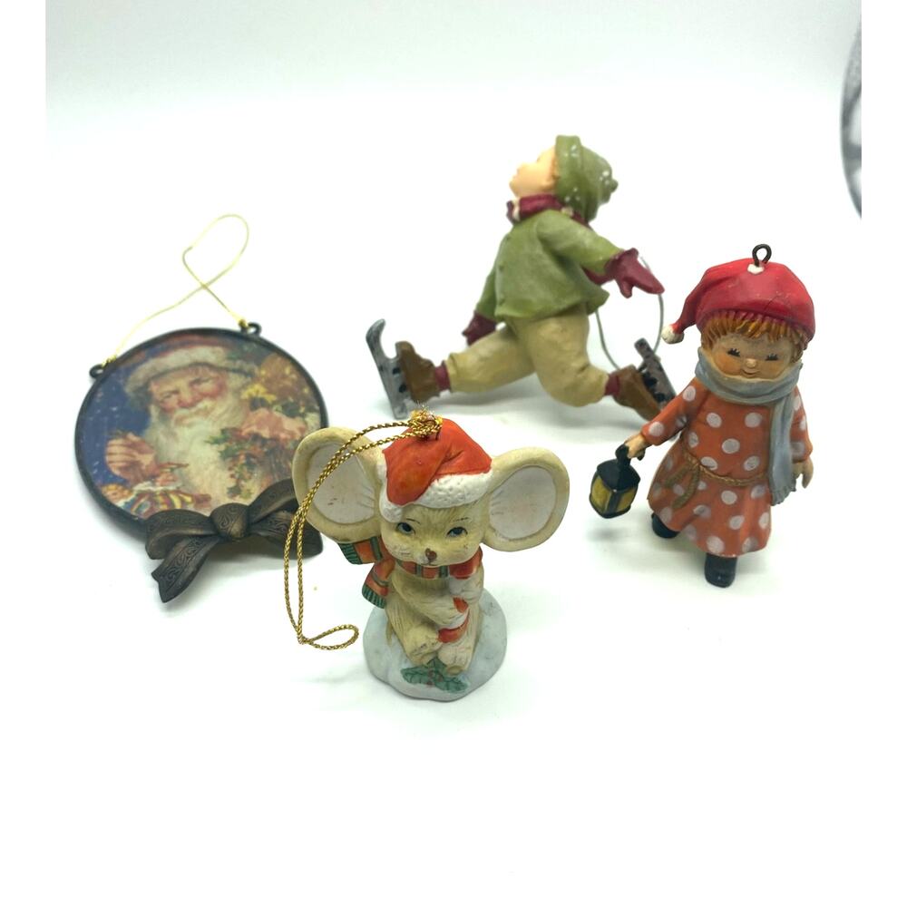 Lot of four Vintage Ornaments mouse, Framed Santa, skating boy /girl w‎ mittens